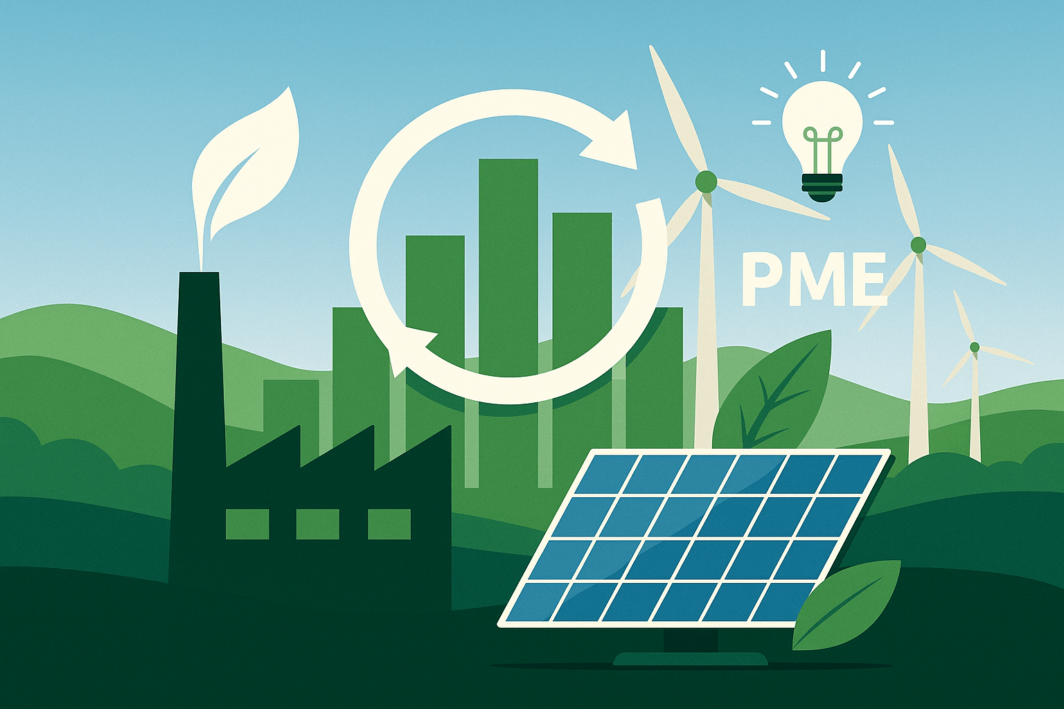 COMPETE2030 Descarbonização – Transição Energética e Sustentabilidade das PME Ilustração de descarbonização empresarial com fábrica, painéis solares, turbinas eólicas e PME, representando a transição energética no COMPETE2030 Descarbonização.