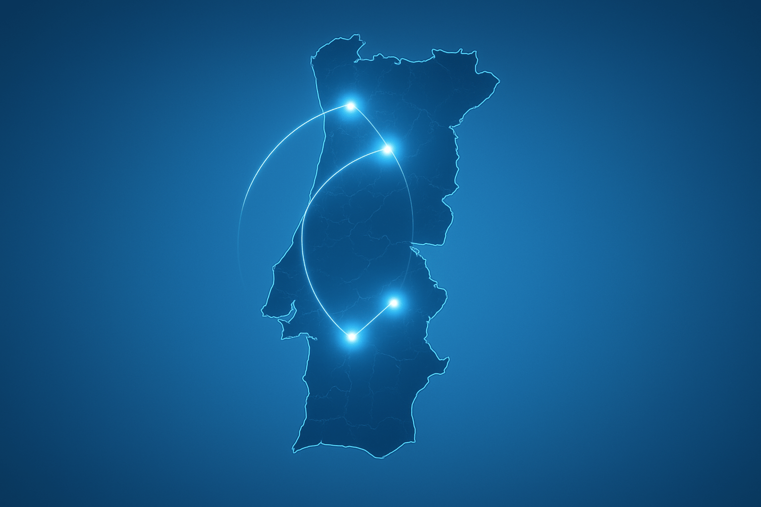Mapa digital de Portugal com ligações luminosas entre Norte, Centro e Alentejo, representando a transformação digital no âmbito do COMPETE2030 Digitalização.
