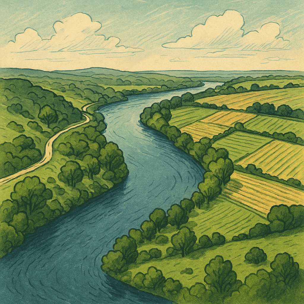 Ilustração aérea de um rio serpenteando entre zonas agrícolas e vegetação no Alentejo, representando ações de gestão da água e conservação dos recursos hídricos.