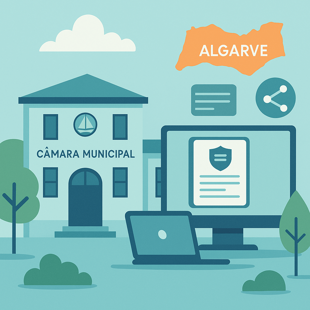 edifícios administrativos ligados por circuitos tecnológicos, representando a digitalização da administração pública local