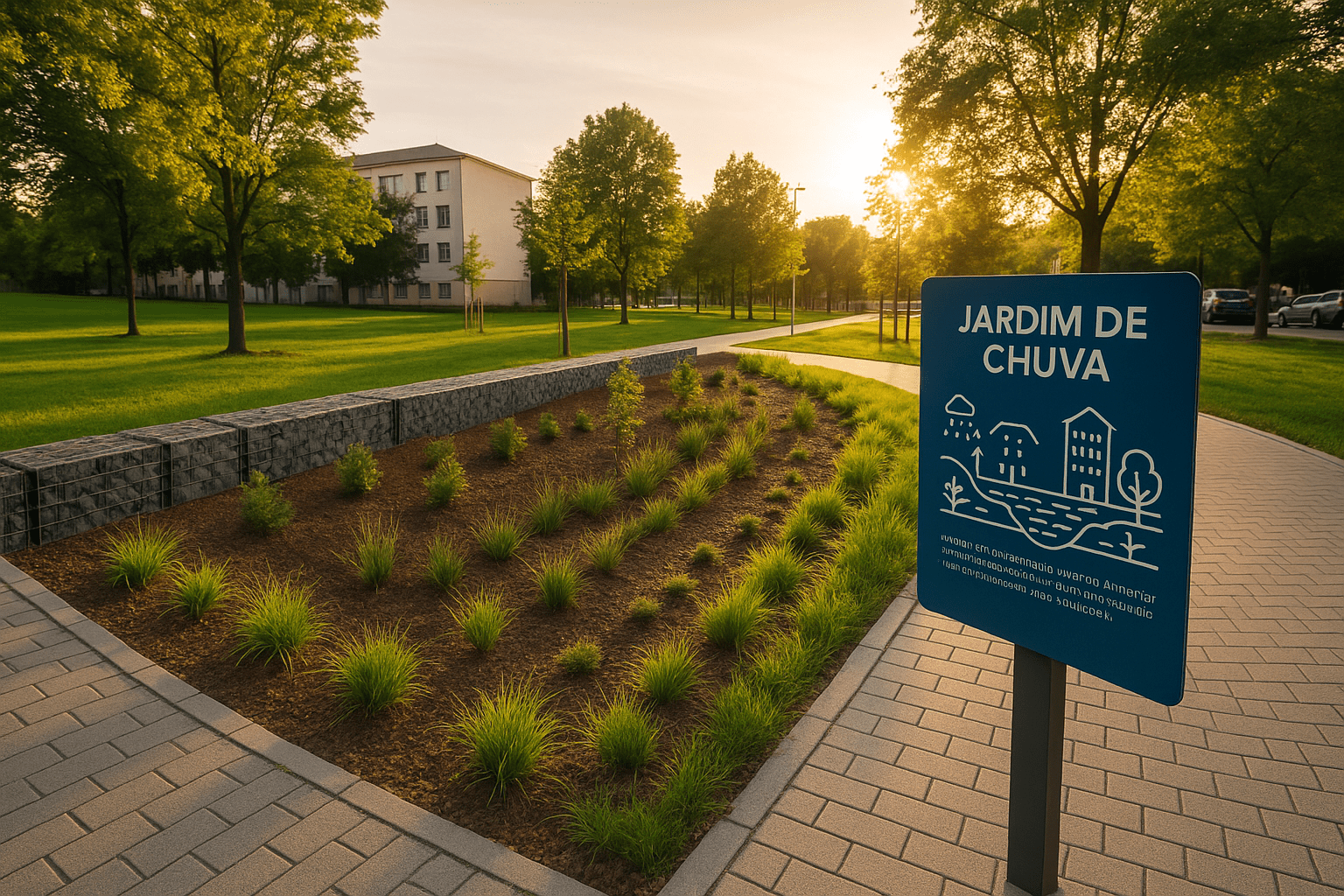 Jardim de chuva urbano no Alentejo como ação de adaptação climática para aumentar a resiliência às alterações climáticas.