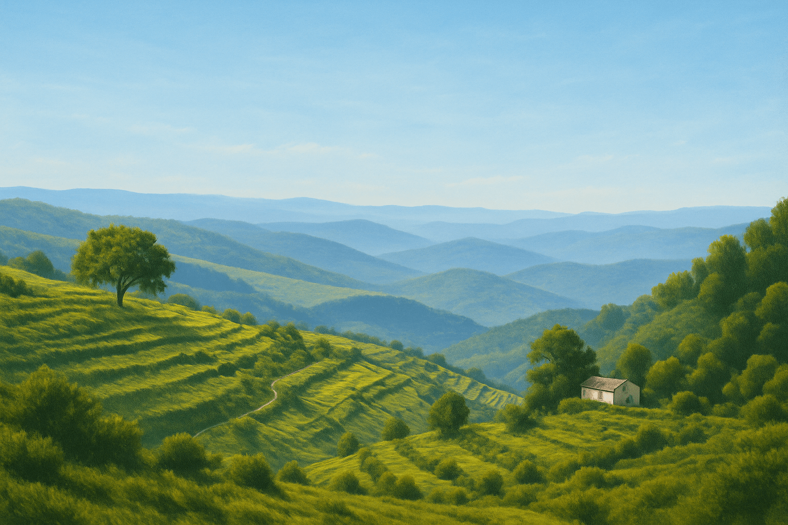 Vista realista da Serra de Monchique, com socalcos agrícolas e vegetação mediterrânica, representando os recursos endógenos Algarve e o potencial de valorização do interior rural.