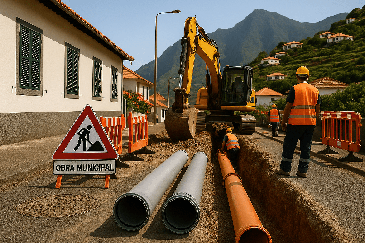 Ciclo Urbano da Água Madeira Saneamento – obras em redes em baixa Obra municipal do Ciclo Urbano da Água Madeira Saneamento com tubagens em baixa, reforçando a renovação de redes e a expansão do serviço público.