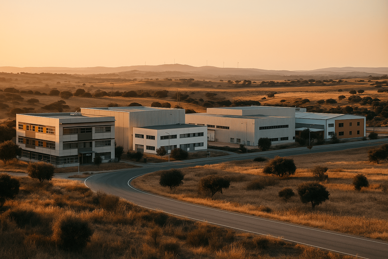 Empreendedorismo Qualificado no Alentejo – Inovação e criação de empresas Imagem realista do Alentejo com edifícios empresariais modernos e paisagem rural, representando o Empreendedorismo Qualificado e a inovação regional.